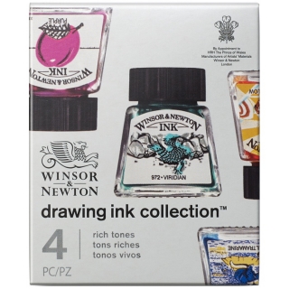 Набор цветной художественной туши Winsor&Newton для рисования, 4 флакона по 14 мл, ультрамарин, пурпурный, желтый канареечный, виридиан, в картонной коробке