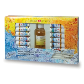 Краски масляные художественные "Ладога" Невская Палитра, 12 цветов по 18 мл + масло льняное 120 мл + 2 кисти