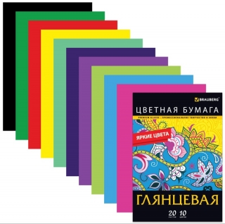 Цветная бумага Brauberg, формат А4, глянцевая, 20 листов, 10 цветов, в папке