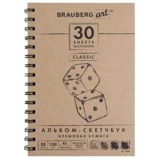 Альбом-скетчбук Brauberg Art "Classic" А5 (148х210 мм), кремовая бумага, 30 л., 150 г/м2, гребень