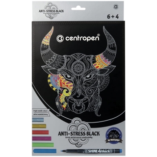 Набор для рисования Centropen "Anti-Stress Black", 4 черных листа  А4 с контурами, 6 маркеров металлик