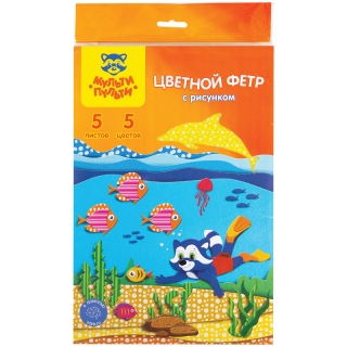 Цветной фетр с рисунком Мульти-Пульти "Приключения Енота", А4, 5 л., 5 цветов, 2мм
