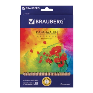 Карандаши цветные Brauberg "Цветы", набор 18 цветов, трехгранные, лакированное дерево