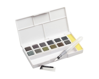 Набор водорастворимых кювет Graphitint на основе графита 12 цветов + кисть в пластиковой упаковке Derwent
