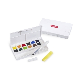 Набор акварельных чернильных кювет Derwent Inktense Paint Pan Travel Set, 12 цветов, 1 кисть, губка