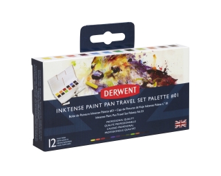 Набор акварельных чернильных кювет Derwent Inktense Paint Pan Travel Set, 12 цветов, 1 кисть, губка