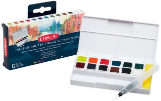 Набор акварельных чернильных кювет Derwent Inktense Paint Pan Travel Set 2, 12 цветов, 1 кисть, губка