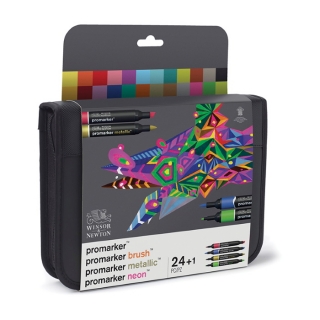 Набор двусторонних маркеров-кистей Winsor&Newton "Promarker Brush", спиртовые, наконечники скошенный/кисть, 24 шт микс-футляр