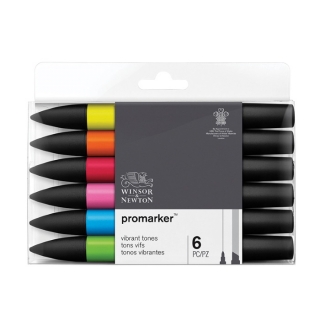 Набор двусторонних художественных маркеров Winsor&Newton "Promarker", спиртовые, наконечники пулевидный/скошенный, 6 шт яркие оттенки