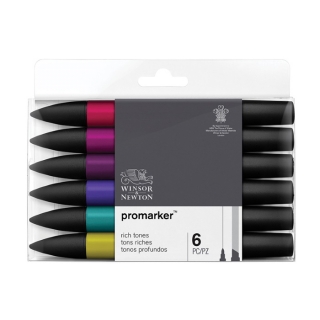 Набор двусторонних художественных маркеров Winsor&Newton "Promarker", спиртовые, наконечники пулевидный/скошенный, 6 шт насыщенные оттенки