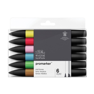 Набор двусторонних художественных маркеров Winsor&Newton "Promarker", спиртовые, наконечники пулевидный/скошенный, 6 шт основные оттенки
