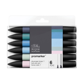 Набор двусторонних художественных маркеров Winsor&Newton "Promarker", спиртовые, наконечники пулевидный/скошенный, 6 шт небесные оттенки