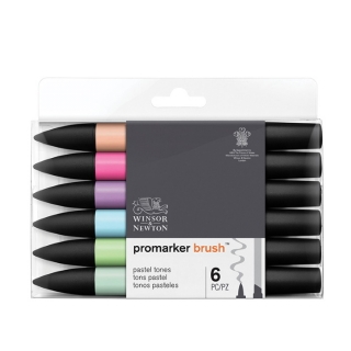 Набор двусторонних маркеров-кистей Winsor&Newton "Promarker Brush", спиртовые, наконечники скошенный/кисть, 6 шт пастельных оттенков
