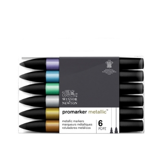 Маркер художественный двухсторонний Winsor&Newton "Promarker metallic", пулевидный/утолщенный, 2мм/7мм, 6 шт