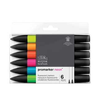 Набор двусторонних художественных маркеров Winsor&Newton "Promarker Neon", спиртовые, наконечники тонкий/широкий, 6 шт неоновые оттенки