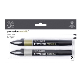 Маркер художественный двухсторонний Winsor&Newton "Promarker metallic", пулевидный/утолщенный, 2мм/7мм,2 шт., цв. золото + серебро