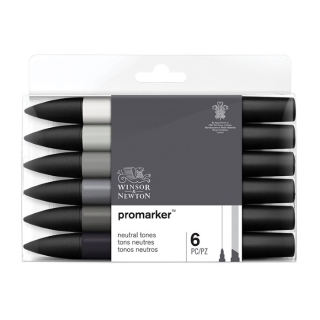 Набор двусторонних художественных маркеров Winsor&Newton "Promarker", спиртовые, наконечники пулевидный/скошенный, 6 шт нейтральные оттенки