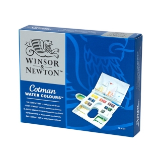 Акварель художественная Winsor&Newton "Cotman", 14 малых кювет и кисть в пластиковой коробке
