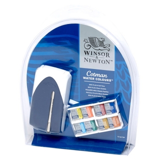 Акварель художественная Winsor&Newton "Cotman Mini Plus - 8 Half Pans",  8 цв, малая кювета, кисть комп. №5, пласт. коробка