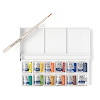 Акварель художественная Winsor&Newton "Cotman", 12 малых кювет и компакт-кисть в пластиковой коробке