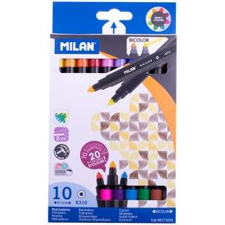 Фломастеры двусторонние Milan "6310", 20цв., 10шт., двуцветные, смываемые, картон, европодвес