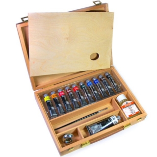 Подарочный набор Maimeri Classico масляные краски 11 цв., разбавитель, кисть, масленка, палитра, в деревянном кейсе