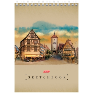 Скетчбук-тетрадь 80л А5 на гребне Hatber "Уголок Европы", крафт, 60г/м2 без линовки с тв. обложкой