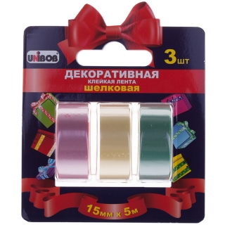 Клейкая лента декоративная 15мм*5м, Unibob, 3шт., разноцветная, шелковая
