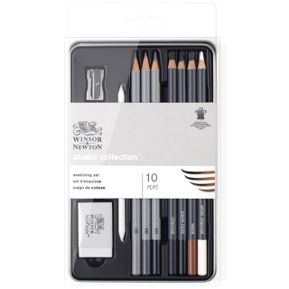 Набор чернографитных карандашей Winsor&Newton Sketching Pencil с аксессуарами, металлическая коробка
