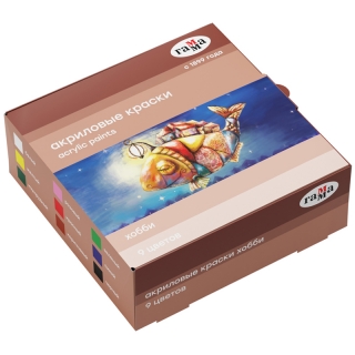 Краски акриловые декоративные Гамма "Хобби", 9 цветов, 20мл, картон. упак.