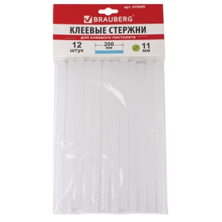 Клеевые стержни Brauberg, диаметр 11 мм, длина 200 мм, белые, комплект 12 штук, европодвес