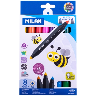 Фломастеры двусторонние Milan "640 Maxi Bi-Colour", 16цв., 8шт., двуцвет., утолщ.,картон, европодвес