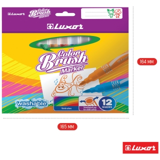 Фломастеры с кистевым пишущим узлом Luxor "Color Brush", 12 цветов, смываемые, картонная коробка