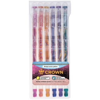 Набор гелевых ручек Crown "Glitter Metal Jell" 6шт., 6цв., 1,0мм, с блестками, ПВХ уп., европодвес