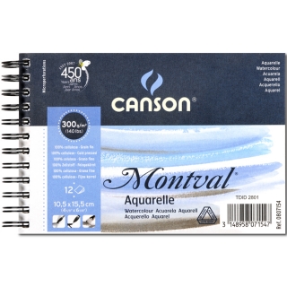 Альбом для акварели Canson Montval 300г/кв.м (целлюлоза) 10.5*15.5см 12листов Фин спираль по короткой стороне