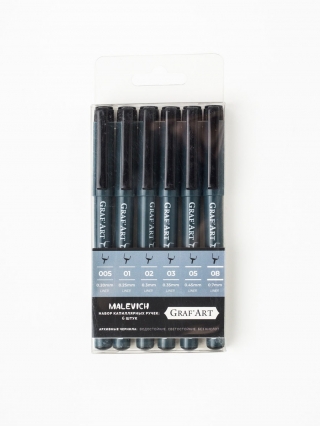 Линер черный GrafArt Малевич, капиллярные ручки, набор 6 шт.