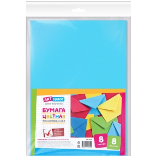 Цветная бумага A4, ArtSpace, 8л., 8 цветов, тонированная, в пакете