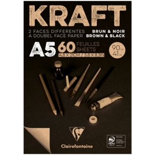Блокнот для эскизов Clairefontaine "Kraft", А5, 90 г/м2, склейка, 60 л., верже, черный/крафт