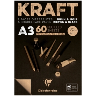 Блокнот для эскизов Clairefontaine "Kraft", А3, 90 г/м2, склейка, 60 л., верже, черный/крафт