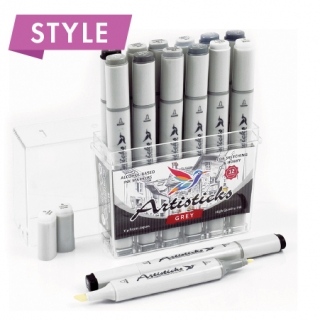 Набор художественных маркеров для скетчинга  Artisticks Style GREY, 12 серых цветов, 2-сторонние, 1-6 мм
