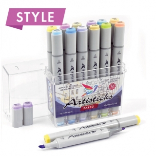 Набор художественных маркеров для скетчинга  Artisticks Style PASTEL, 12 цветов, 2-сторонние, 1-6 мм