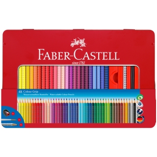 Акварельные карандаши трехгранные Faber-Castell "Grip" 48 цветов + чернографитный карандаш, кисть, точилка, металлический пенал