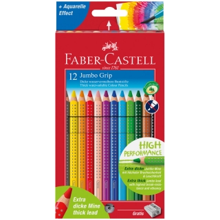 Акварельные карандаши Faber-Castell Jumbo Grip с точилкой, трехгранные, 12 цветов
