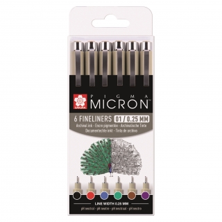 Набор капилярных ручек Pigma Micron 6шт 0.25мм черный, фиолетовый, коричневый, зеленый, синий, красный