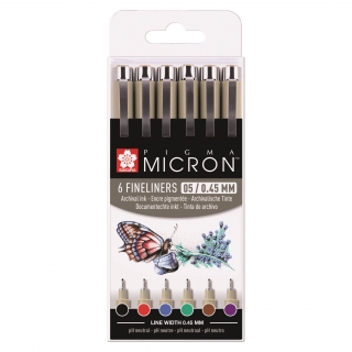 Набор капилярных ручек Pigma Micron 6шт 0.45мм черный, фиолетовый, коричневый, зеленый, синий, красный