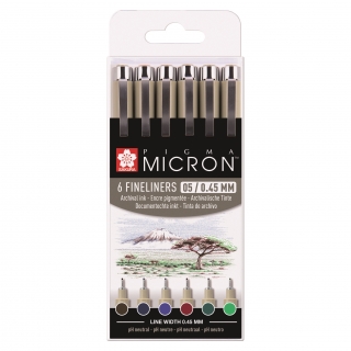 Набор капилярных ручек Pigma Micron 6шт 0.45мм бургунский, салатовый, сепия, иссиня-черный, кролевский-синий, хаки