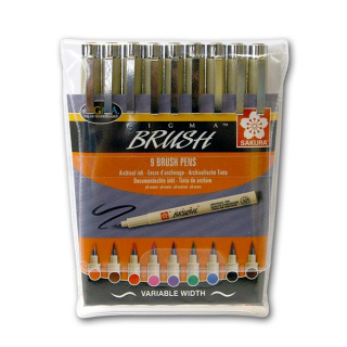 Набор цветных капиллярных ручек-кистей Sakura Pigma Brush, 9 цветов