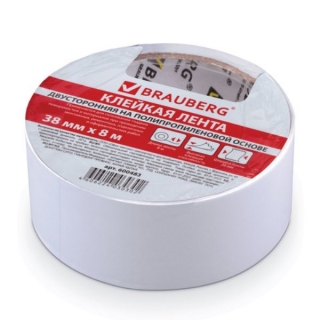 Клейкая лента двусторонняя Brauberg, на тонкой полипропиленовой основе, 38мм х 8м, светло-серая