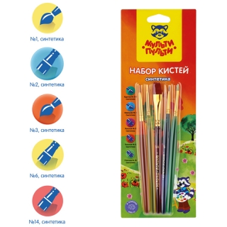 Набор кистей Мульти-Пульти, 5шт., синтетика, круглая №3, плоские №2, 6, 14, овальная №1, блистер