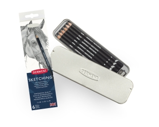 Набор чернографитных карандашей Derwent Sketching 6 штук+точилка, мет.пенал